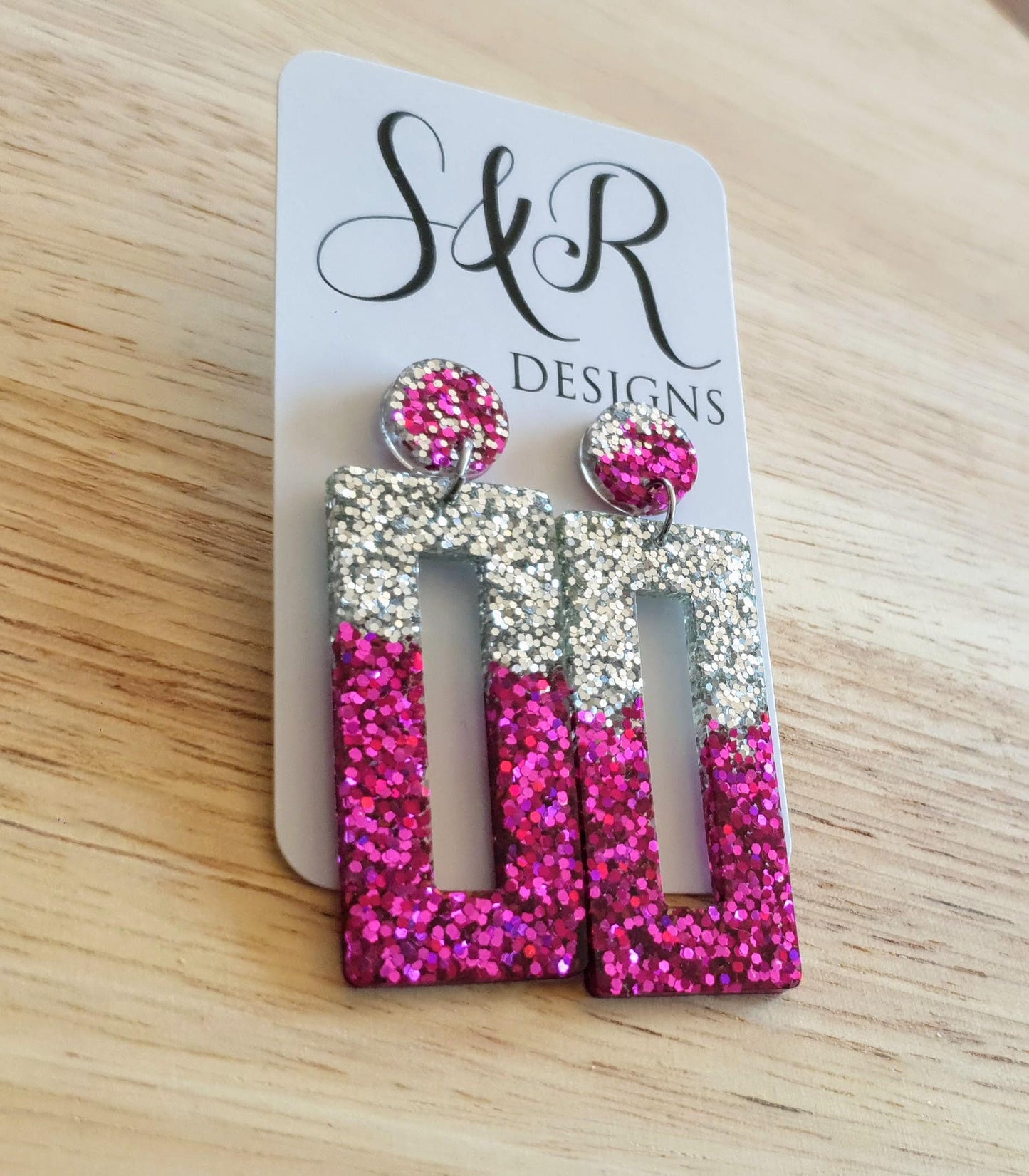 Pink Silver Rectangle Dangle Earrings, Sparkly Glitter Resin Handmade Dangle Statement Earrings, Custom order welcomed for different colour