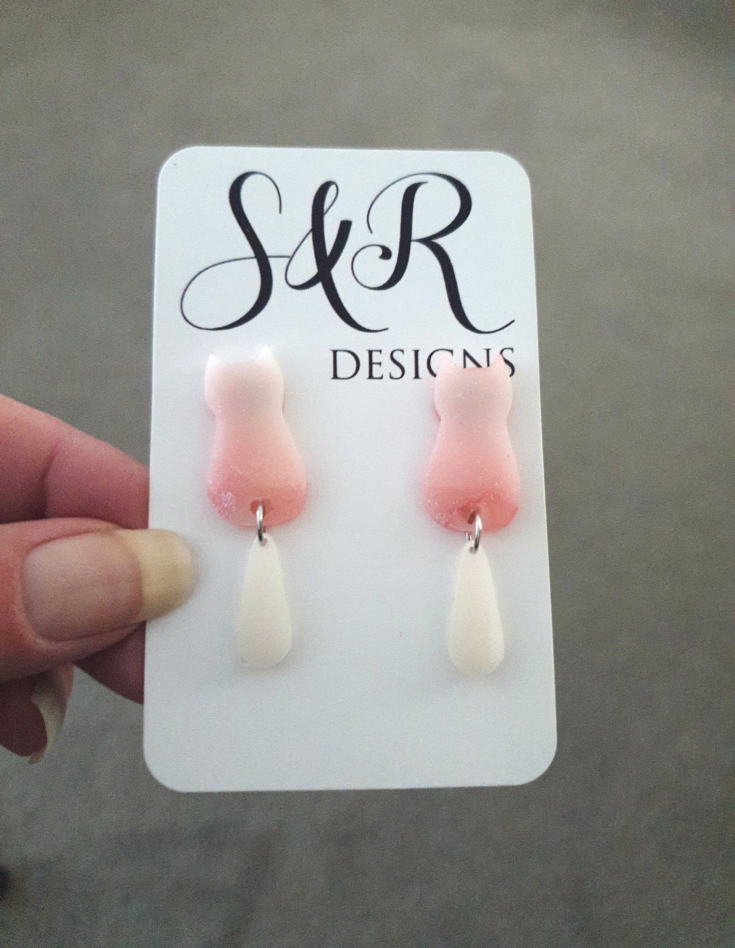 White Blush Cat Dangle Earrings, Cat with Moving Tail Long Earrings, Silver Handmade Resin Earrings, Cat Earrings Stainless Steel.