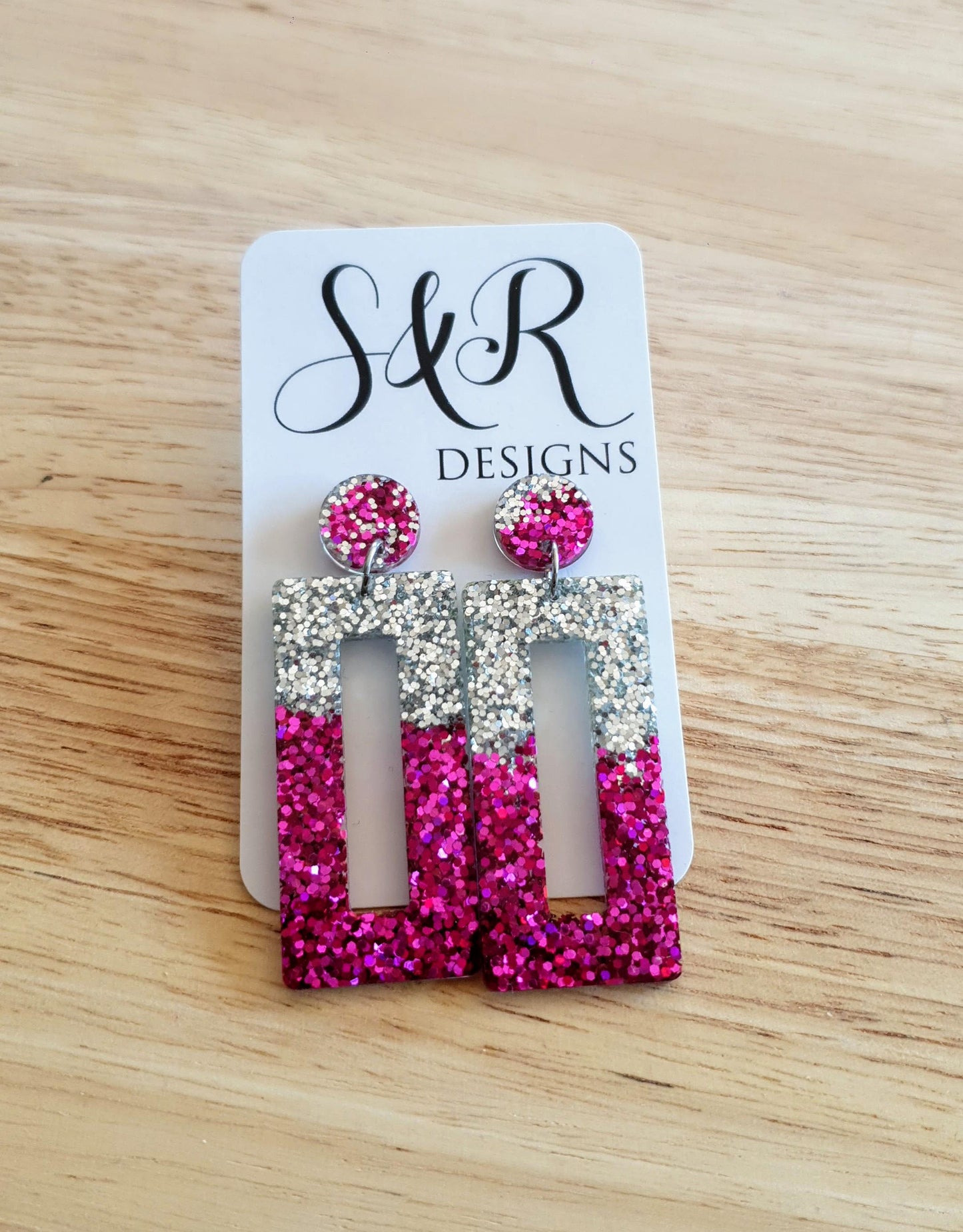 Pink Silver Rectangle Dangle Earrings, Sparkly Glitter Resin Handmade Dangle Statement Earrings, Custom order welcomed for different colour