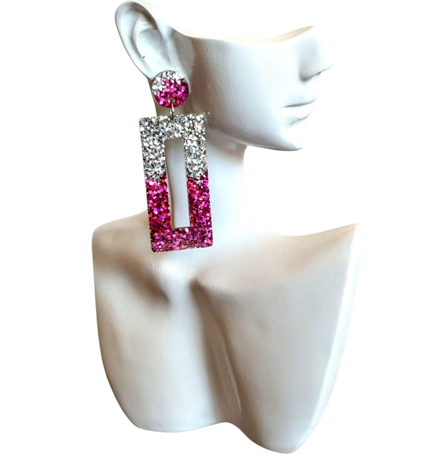 Pink Silver Rectangle Dangle Earrings, Sparkly Glitter Resin Handmade Dangle Statement Earrings, Custom order welcomed for different colour
