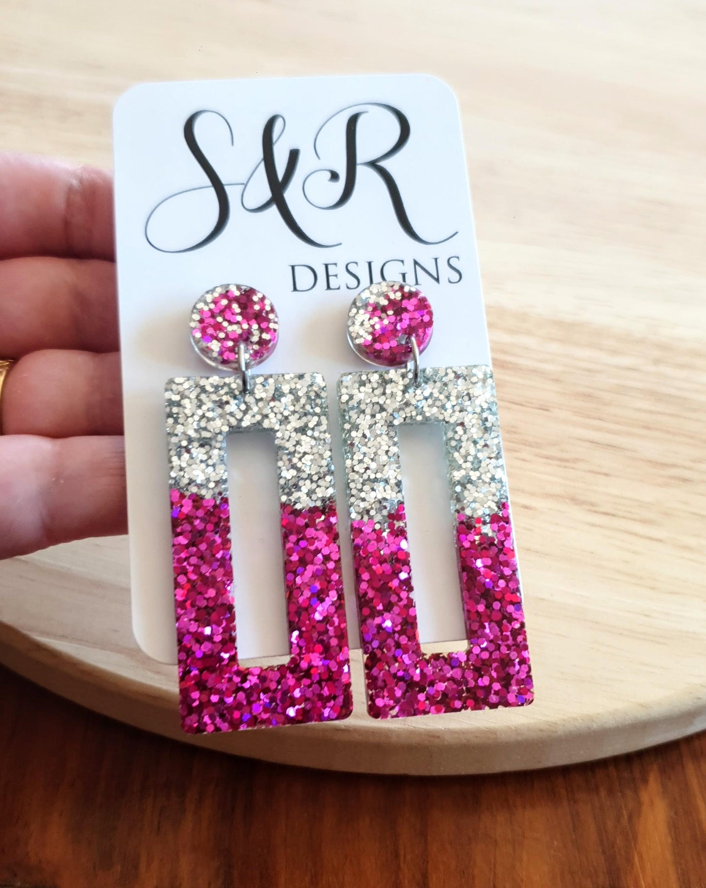 Pink Silver Rectangle Dangle Earrings, Sparkly Glitter Resin Handmade Dangle Statement Earrings, Custom order welcomed for different colour