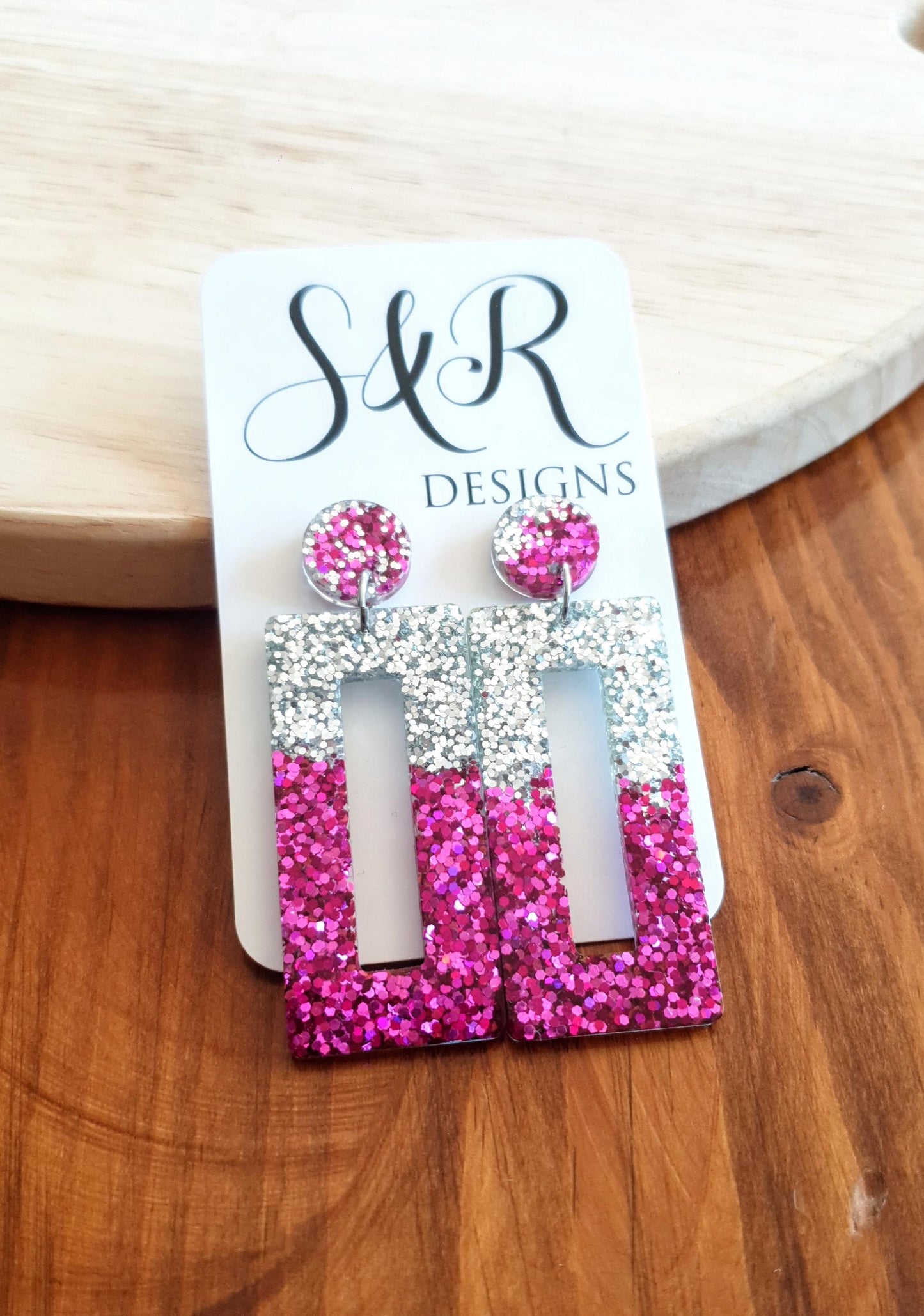 Pink Silver Rectangle Dangle Earrings, Sparkly Glitter Resin Handmade Dangle Statement Earrings, Custom order welcomed for different colour