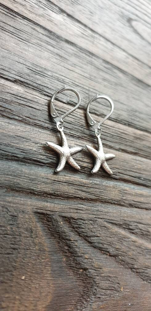 Starfish Leverback Earrings, Stainless Steel Dangle Leverback or Hook Earrings.