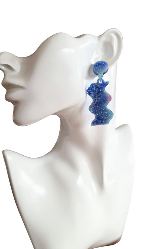 Blue Wave Dangle Drop Earrings, Blue and Purple Mix Glitters, Statement Handmade Resin Earrings