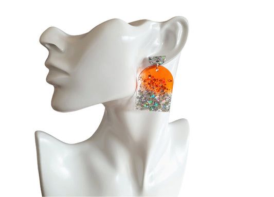 Burnt Orange Silver Drop Post Earrings, Glamour Glitter Arch Dangles, Orange with Silver Mix Chunky Glitter Handmade Resin, Statement Gift