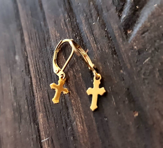 Gold Tiny Cross Leverback Earrings, Stainless Steel Dangle Leverback or Hook Earrings.