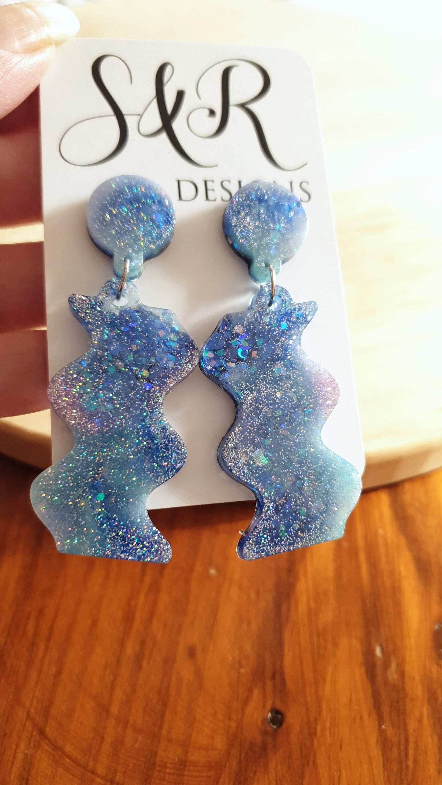 Blue Wave Dangle Drop Earrings, Blue and Purple Mix Glitters, Statement Handmade Resin Earrings