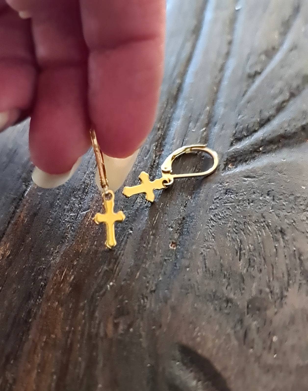 Gold Tiny Cross Leverback Earrings, Stainless Steel Dangle Leverback or Hook Earrings.
