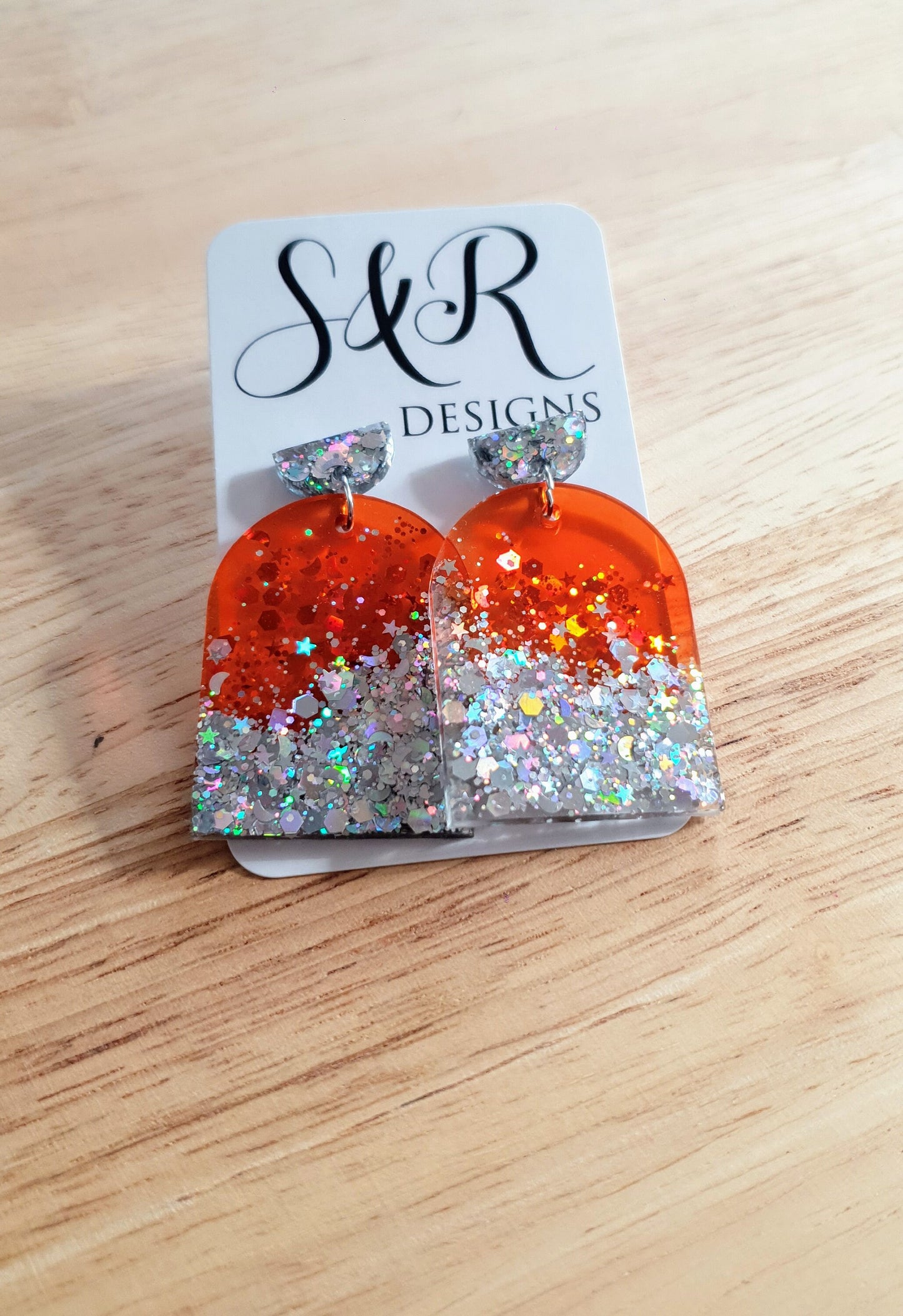 Burnt Orange Silver Drop Post Earrings, Glamour Glitter Arch Dangles, Orange with Silver Mix Chunky Glitter Handmade Resin, Statement Gift