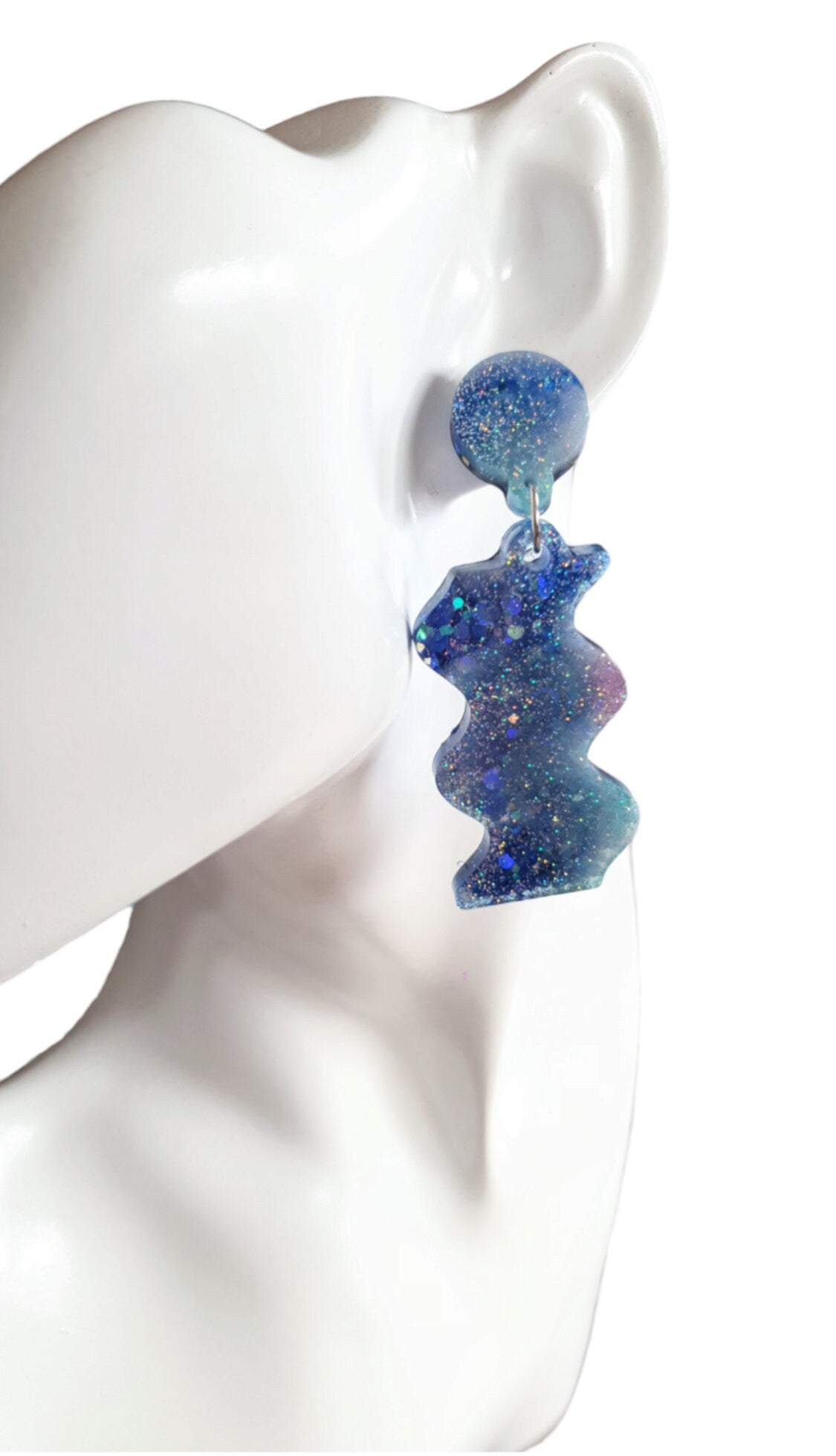 Blue Wave Dangle Drop Earrings, Blue and Purple Mix Glitters, Statement Handmade Resin Earrings