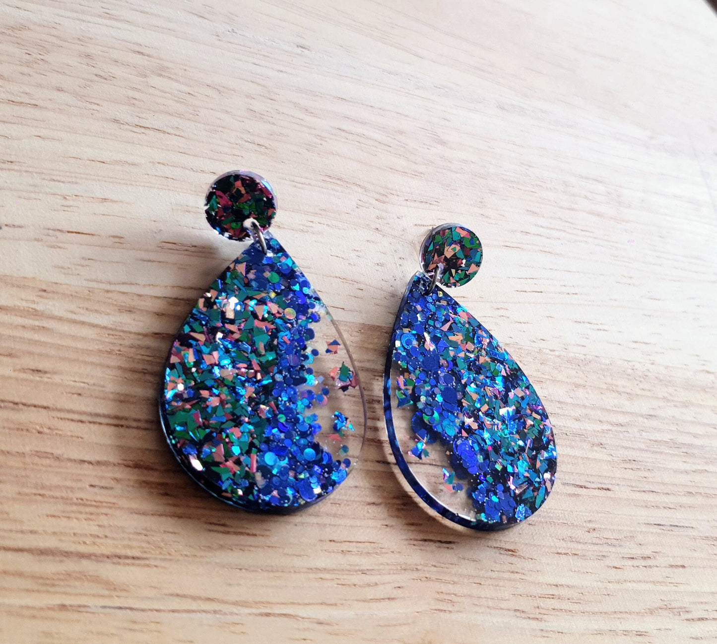 Teardrops Resin Long Multi Electric Blue Teal Pink Mix Earrings, Blue Mix Glitter Resin, Stainless Steel, Statement Earrings