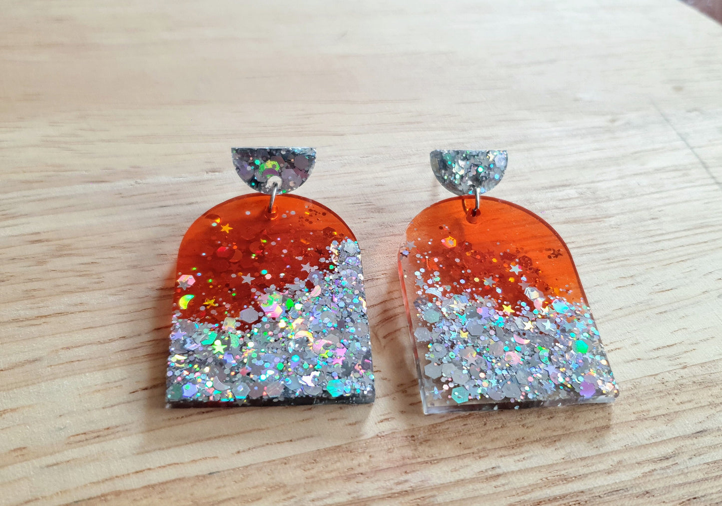 Burnt Orange Silver Drop Post Earrings, Glamour Glitter Arch Dangles, Orange with Silver Mix Chunky Glitter Handmade Resin, Statement Gift