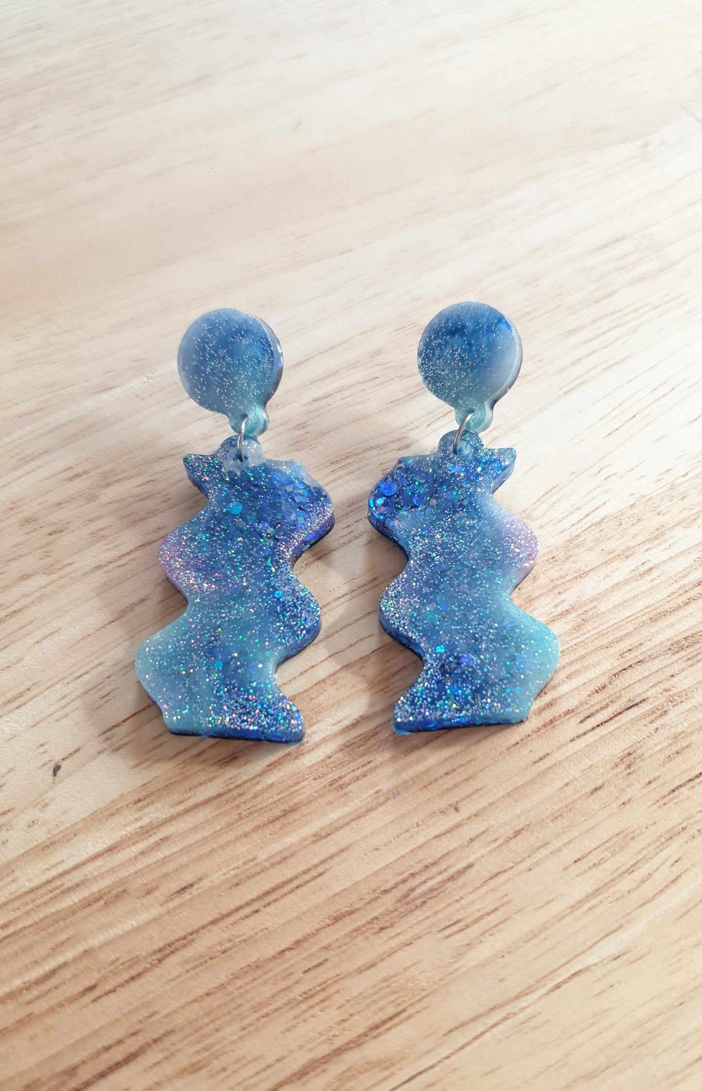 Blue Wave Dangle Drop Earrings, Blue and Purple Mix Glitters, Statement Handmade Resin Earrings
