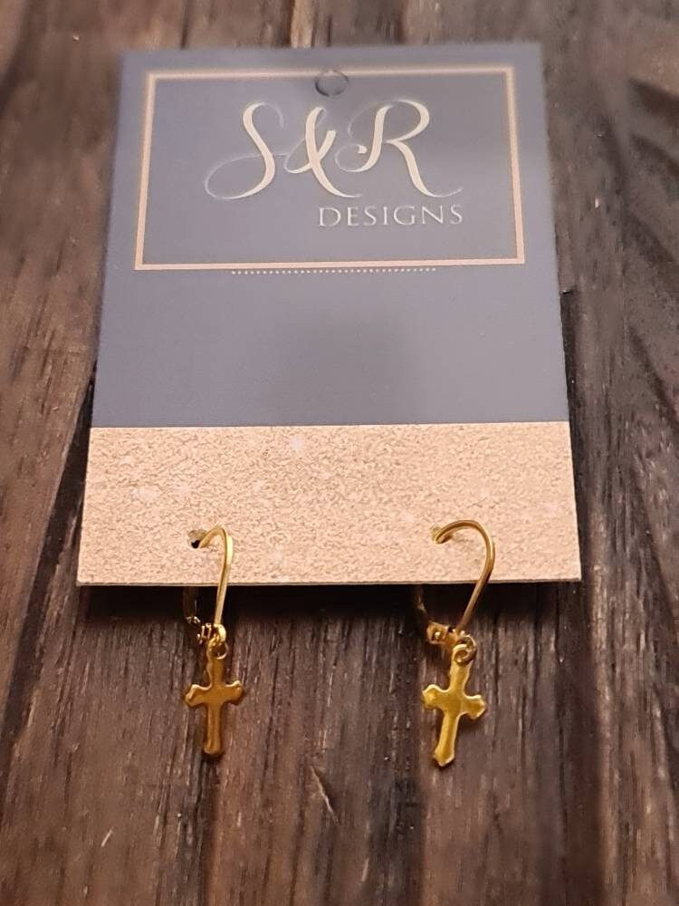 Gold Tiny Cross Leverback Earrings, Stainless Steel Dangle Leverback or Hook Earrings.