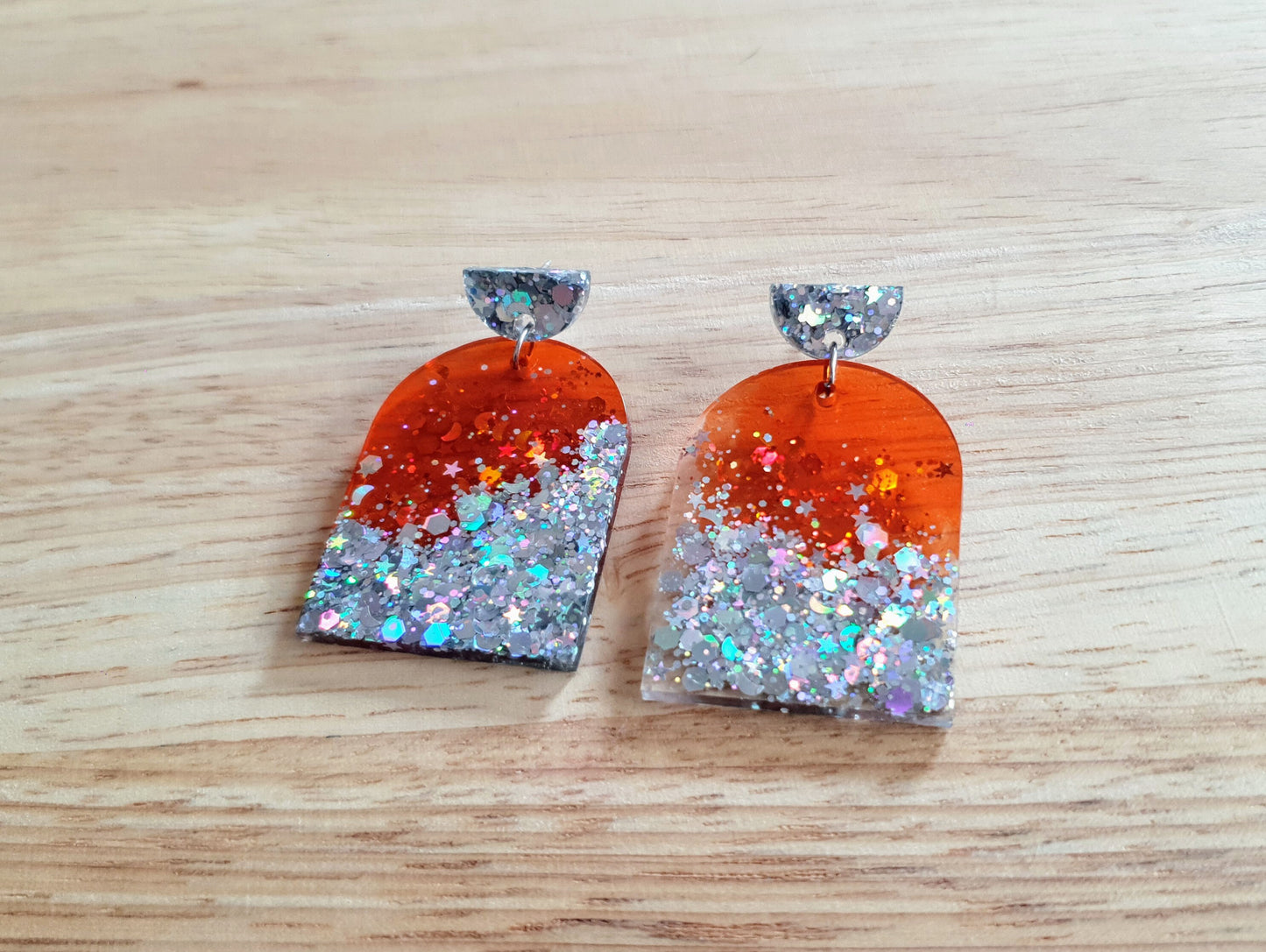 Burnt Orange Silver Drop Post Earrings, Glamour Glitter Arch Dangles, Orange with Silver Mix Chunky Glitter Handmade Resin, Statement Gift