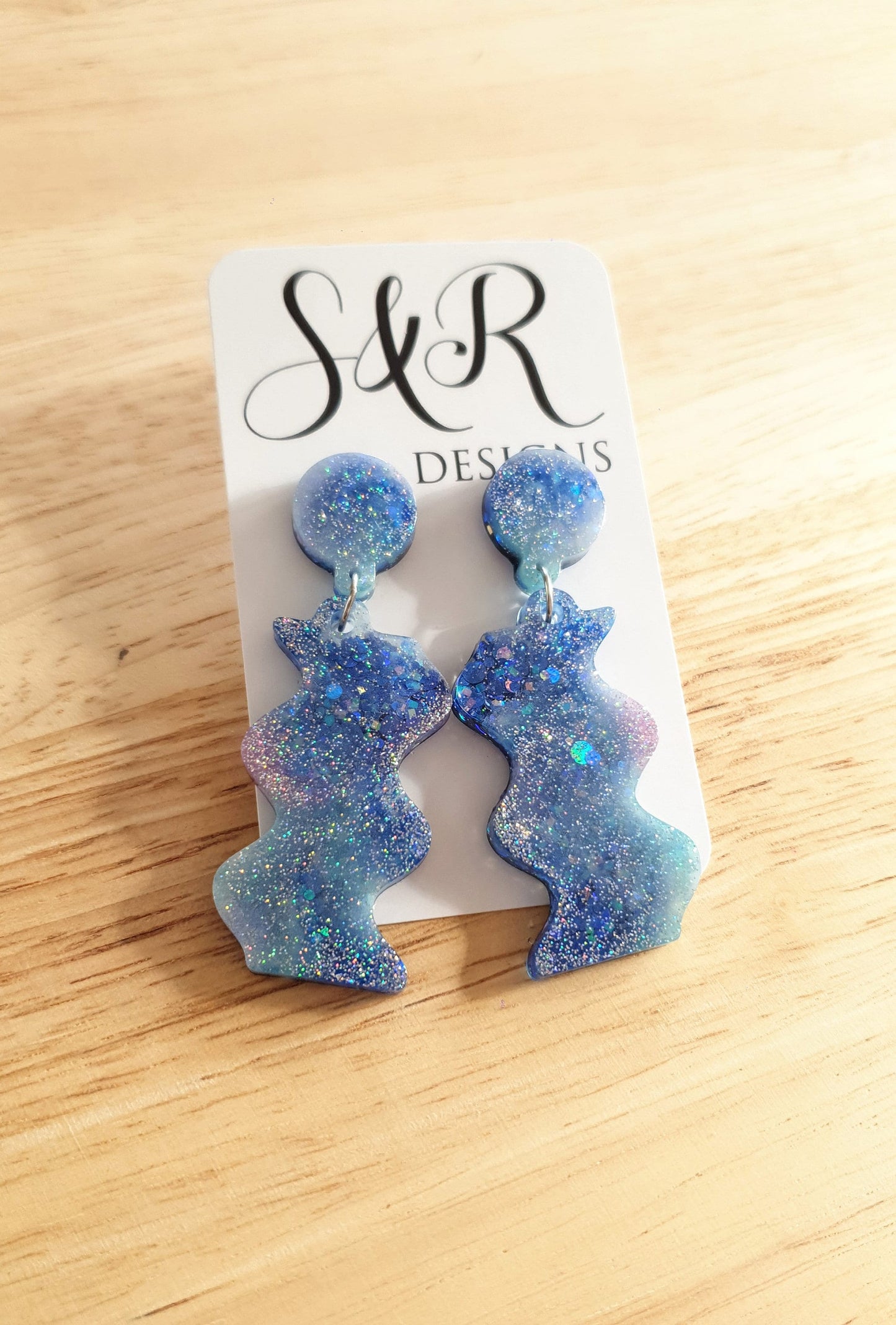 Blue Wave Dangle Drop Earrings, Blue and Purple Mix Glitters, Statement Handmade Resin Earrings