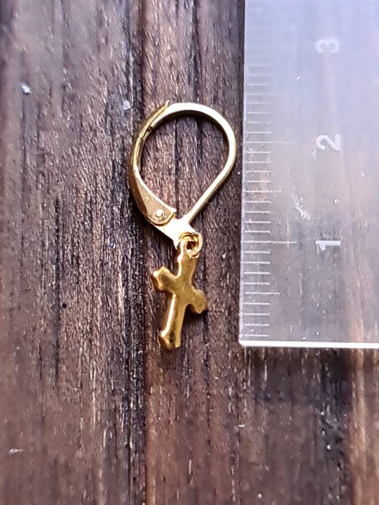 Gold Tiny Cross Leverback Earrings, Stainless Steel Dangle Leverback or Hook Earrings.