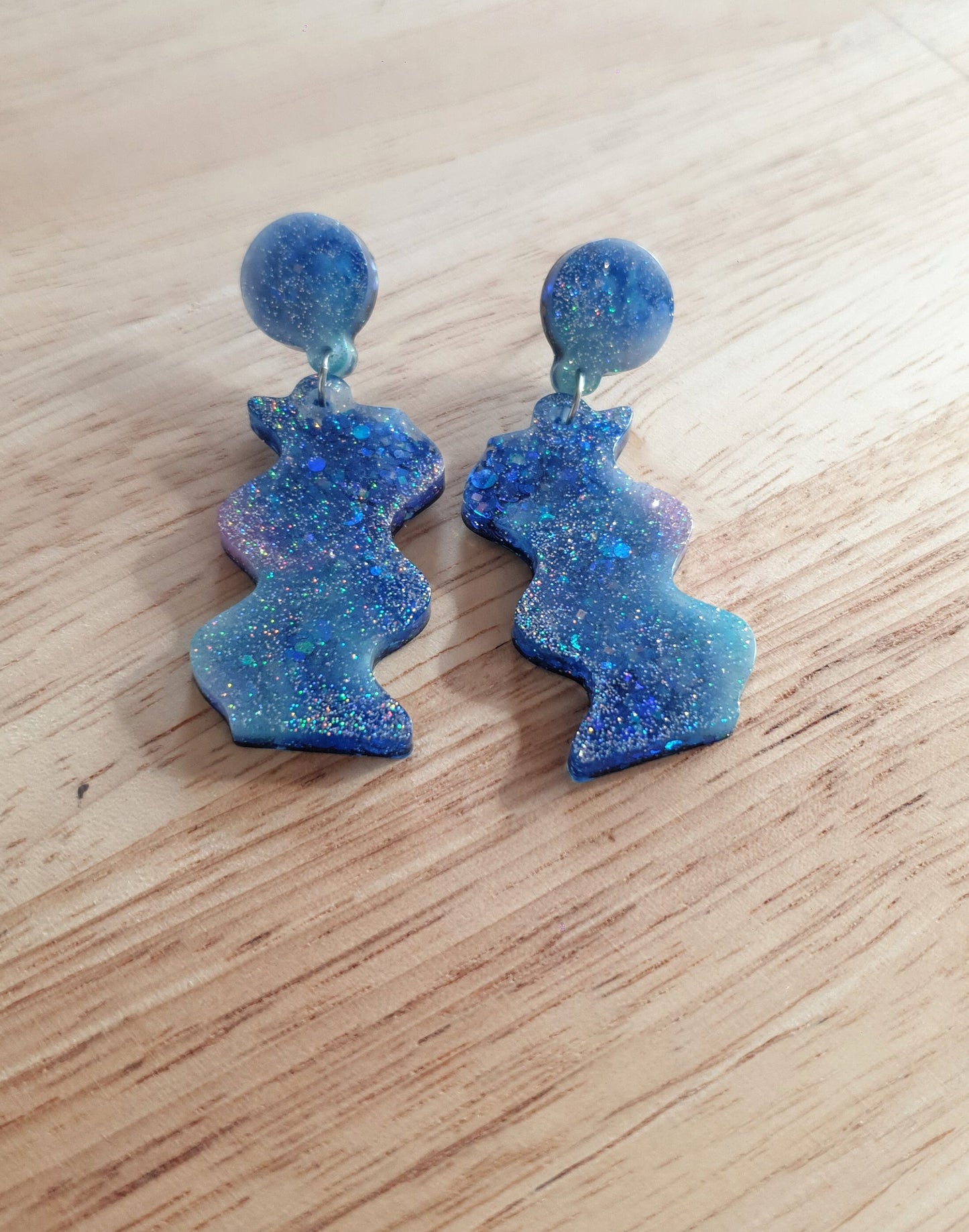 Blue Wave Dangle Drop Earrings, Blue and Purple Mix Glitters, Statement Handmade Resin Earrings