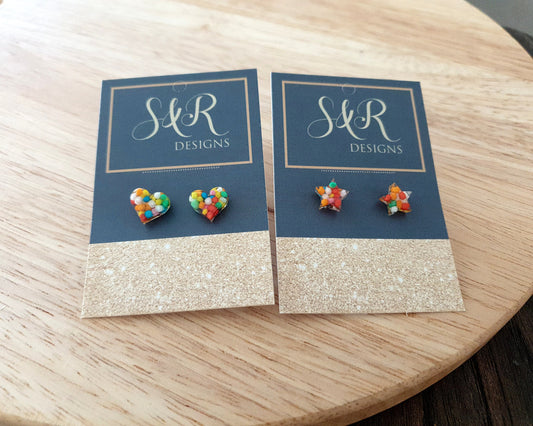 Multicoloured Resin Stud Earrings, Choose your Style. Heart or Stars 100s and 1000s Candy. Stainless Steel Minimalist Stud Earrings.