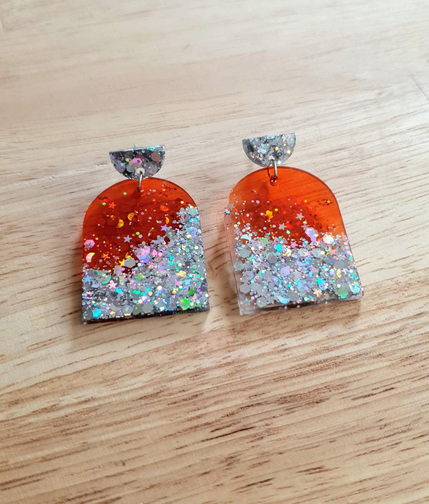 Burnt Orange Silver Drop Post Earrings, Glamour Glitter Arch Dangles, Orange with Silver Mix Chunky Glitter Handmade Resin, Statement Gift