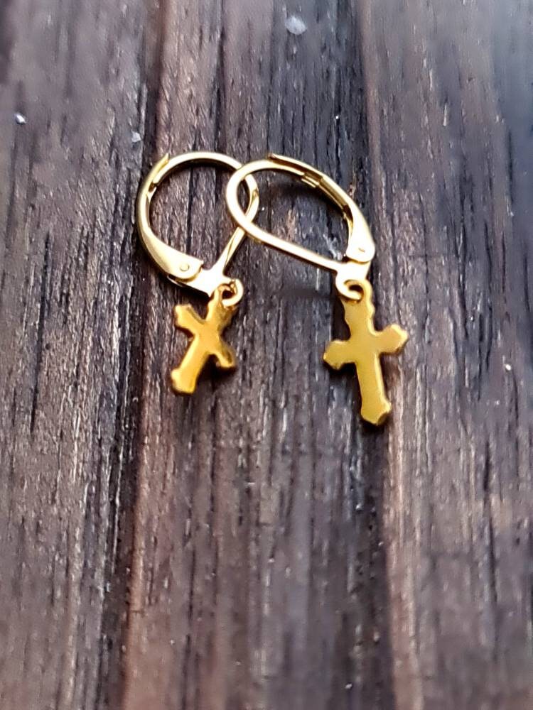 Gold Tiny Cross Leverback Earrings, Stainless Steel Dangle Leverback or Hook Earrings.