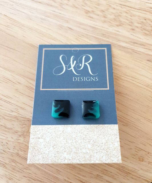 Square Resin Stud Earrings. Teal and Black, Stainless Steel Minimalist Stud Earrings. 10mm