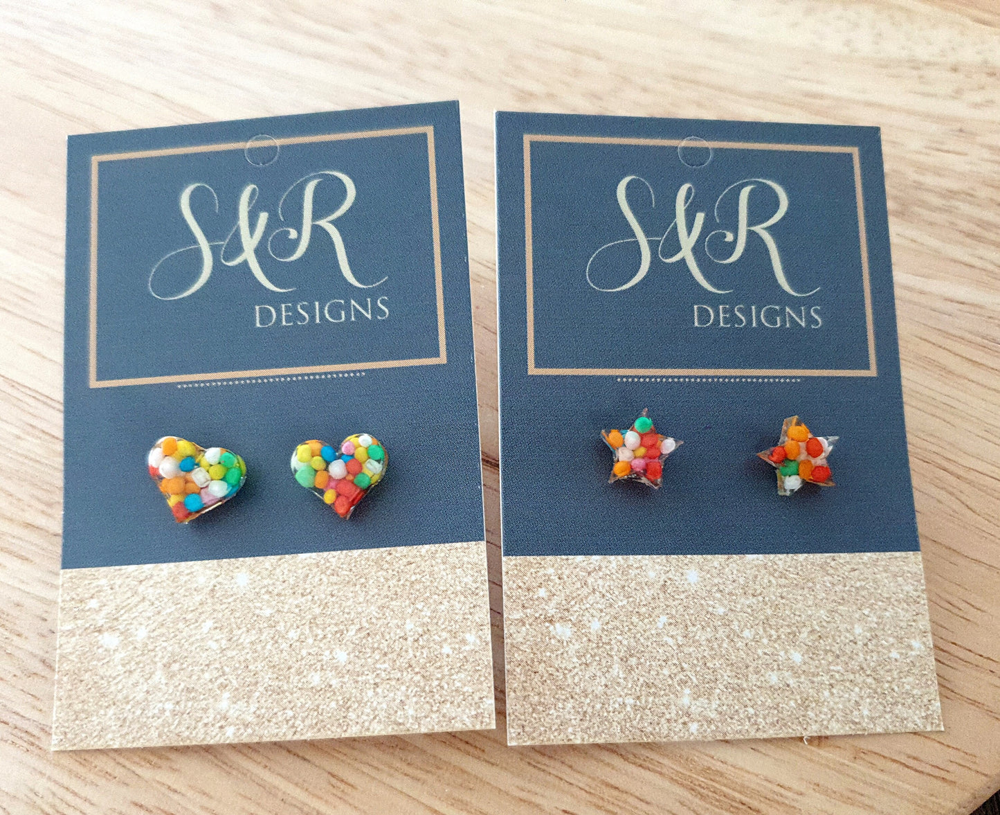 Multicoloured Resin Stud Earrings, Choose your Style. Heart or Stars 100s and 1000s Candy. Stainless Steel Minimalist Stud Earrings.