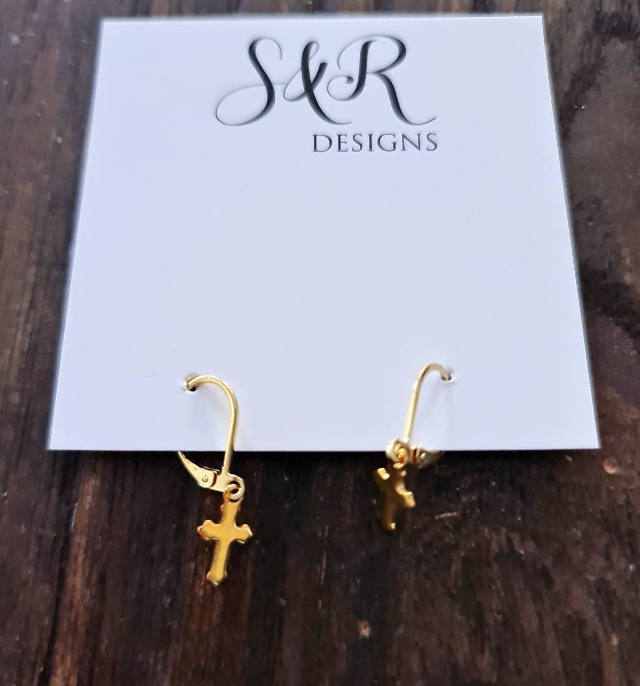 Gold Tiny Cross Leverback Earrings, Stainless Steel Dangle Leverback or Hook Earrings.