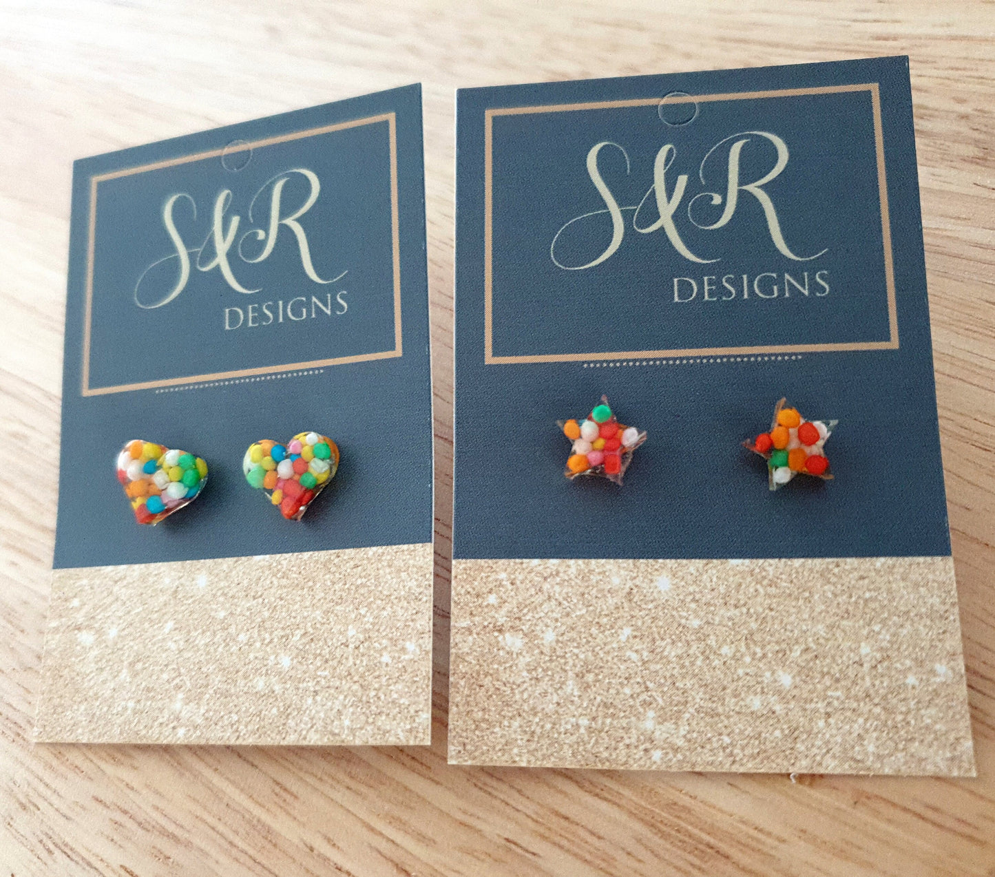 Multicoloured Resin Stud Earrings, Choose your Style. Heart or Stars 100s and 1000s Candy. Stainless Steel Minimalist Stud Earrings.