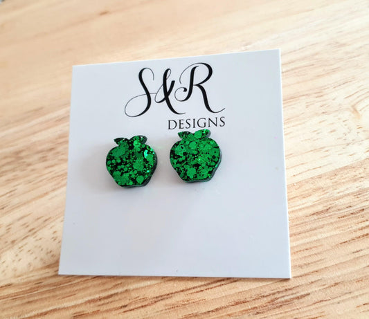 Apple Stud Earring, Emerald Green Glitter Resin Studs, Stainless Steel. 15mm, Food Lover Gift