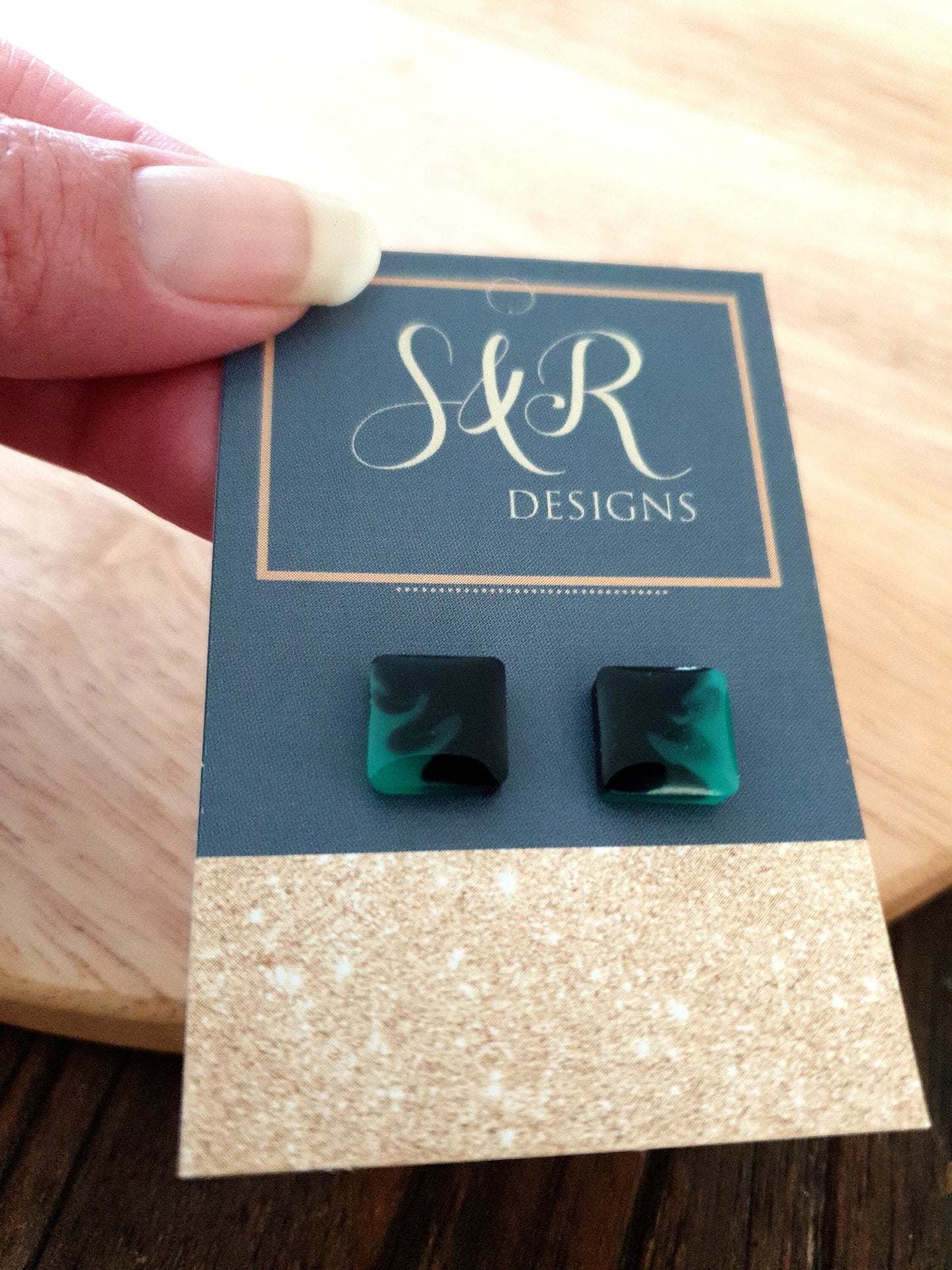 Square Resin Stud Earrings. Teal and Black, Stainless Steel Minimalist Stud Earrings. 10mm