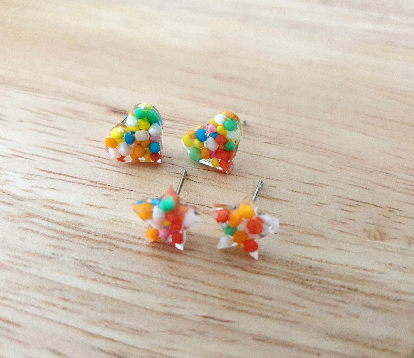 Multicoloured Resin Stud Earrings, Choose your Style. Heart or Stars 100s and 1000s Candy. Stainless Steel Minimalist Stud Earrings.