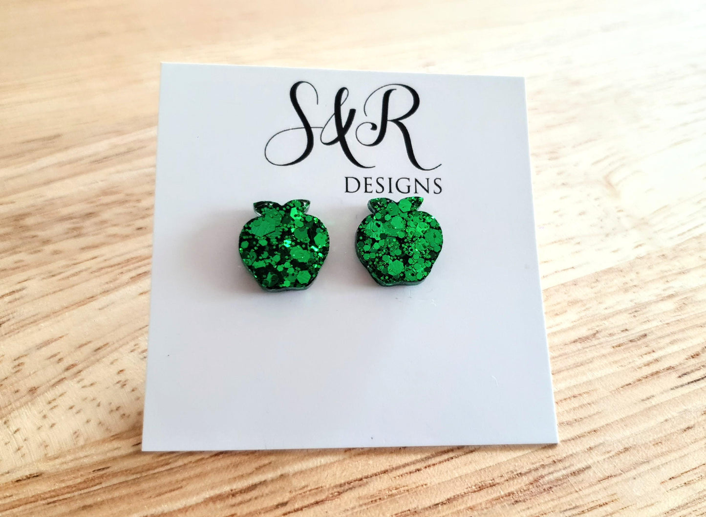 Apple Stud Earring, Emerald Green Glitter Resin Studs, Stainless Steel. 15mm, Food Lover Gift