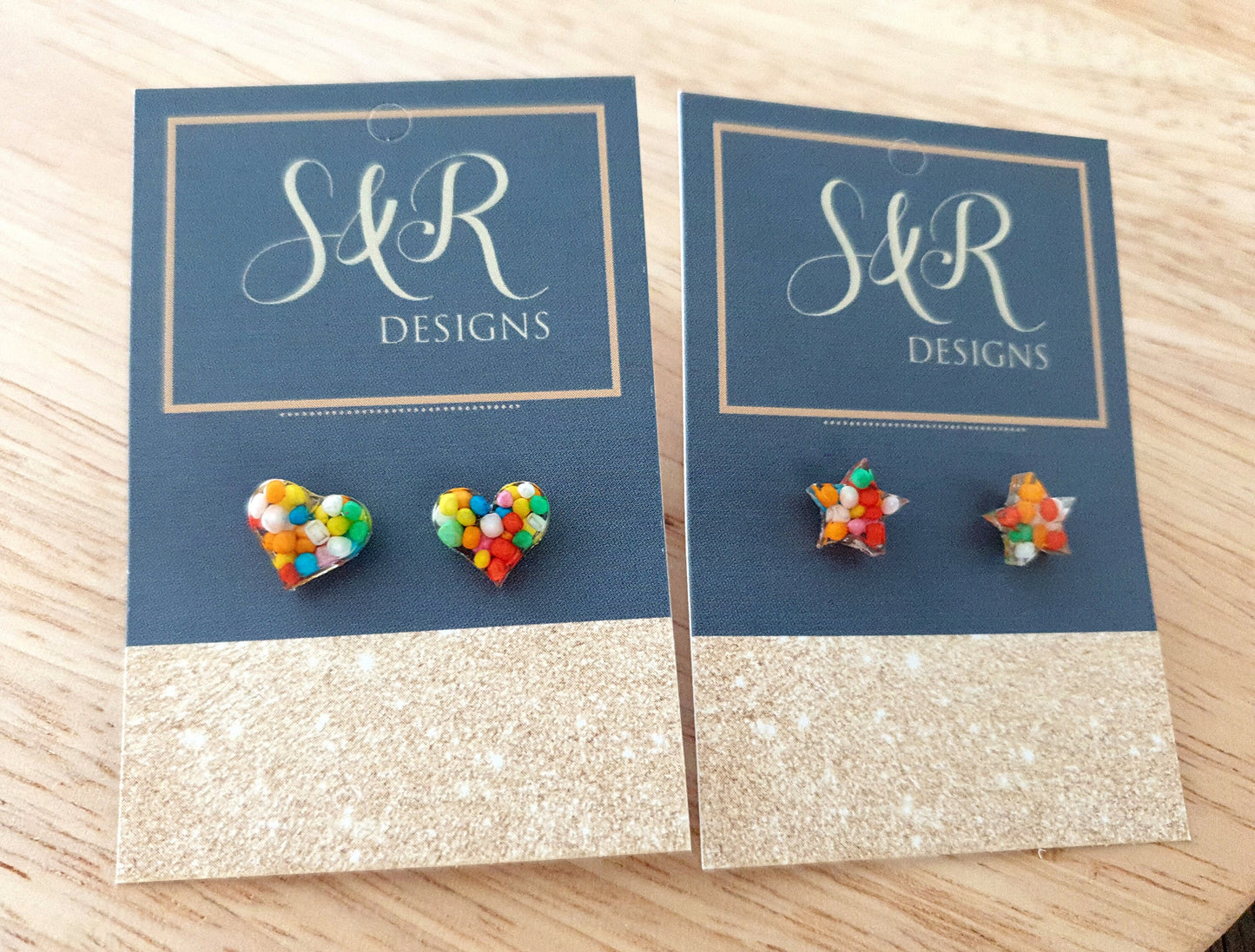 Multicoloured Resin Stud Earrings, Choose your Style. Heart or Stars 100s and 1000s Candy. Stainless Steel Minimalist Stud Earrings.