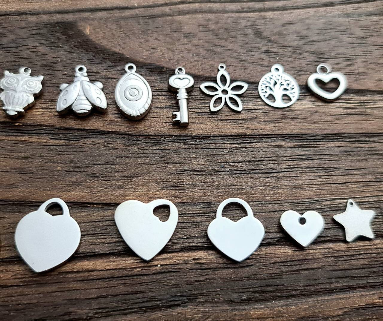 Add on Charm Bracelet or Necklace, Personalised Hand Stamped Charm, Owl, Ladybug, Evil Eye, Key, Flower, Heart, Star with Jump Ring