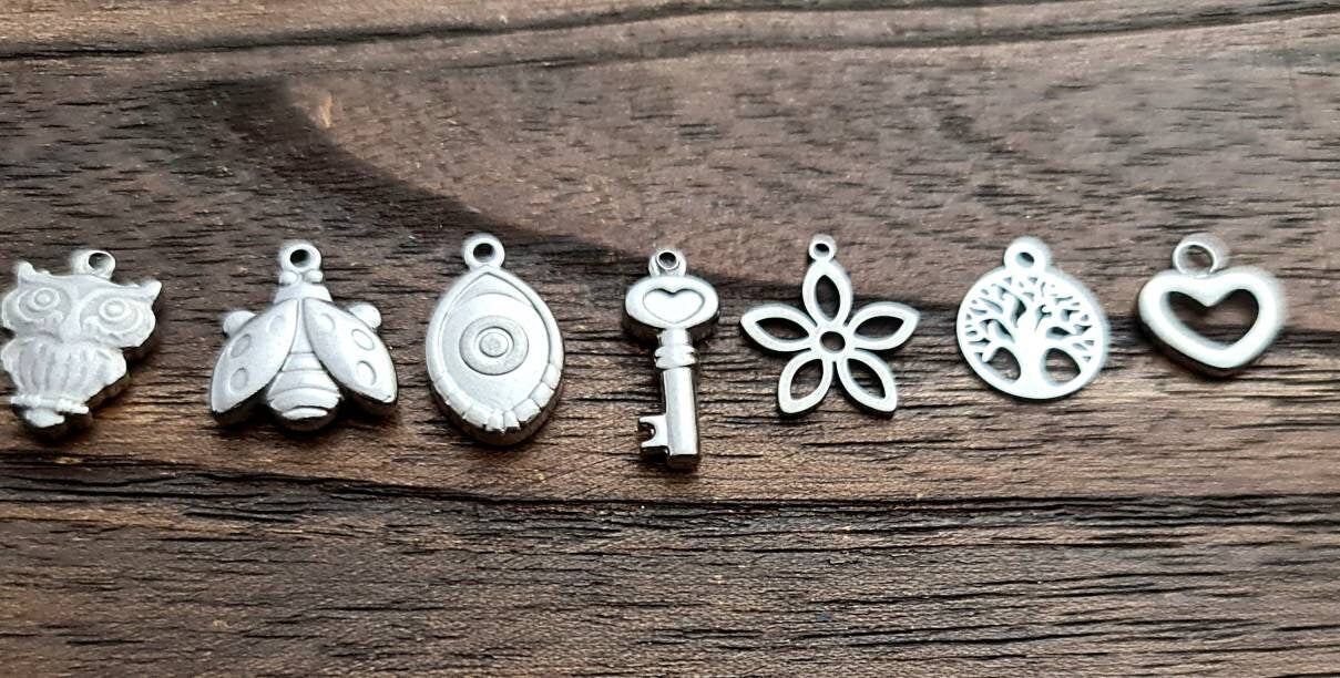 Add on Charm Bracelet or Necklace, Personalised Hand Stamped Charm, Owl, Ladybug, Evil Eye, Key, Flower, Heart, Star with Jump Ring