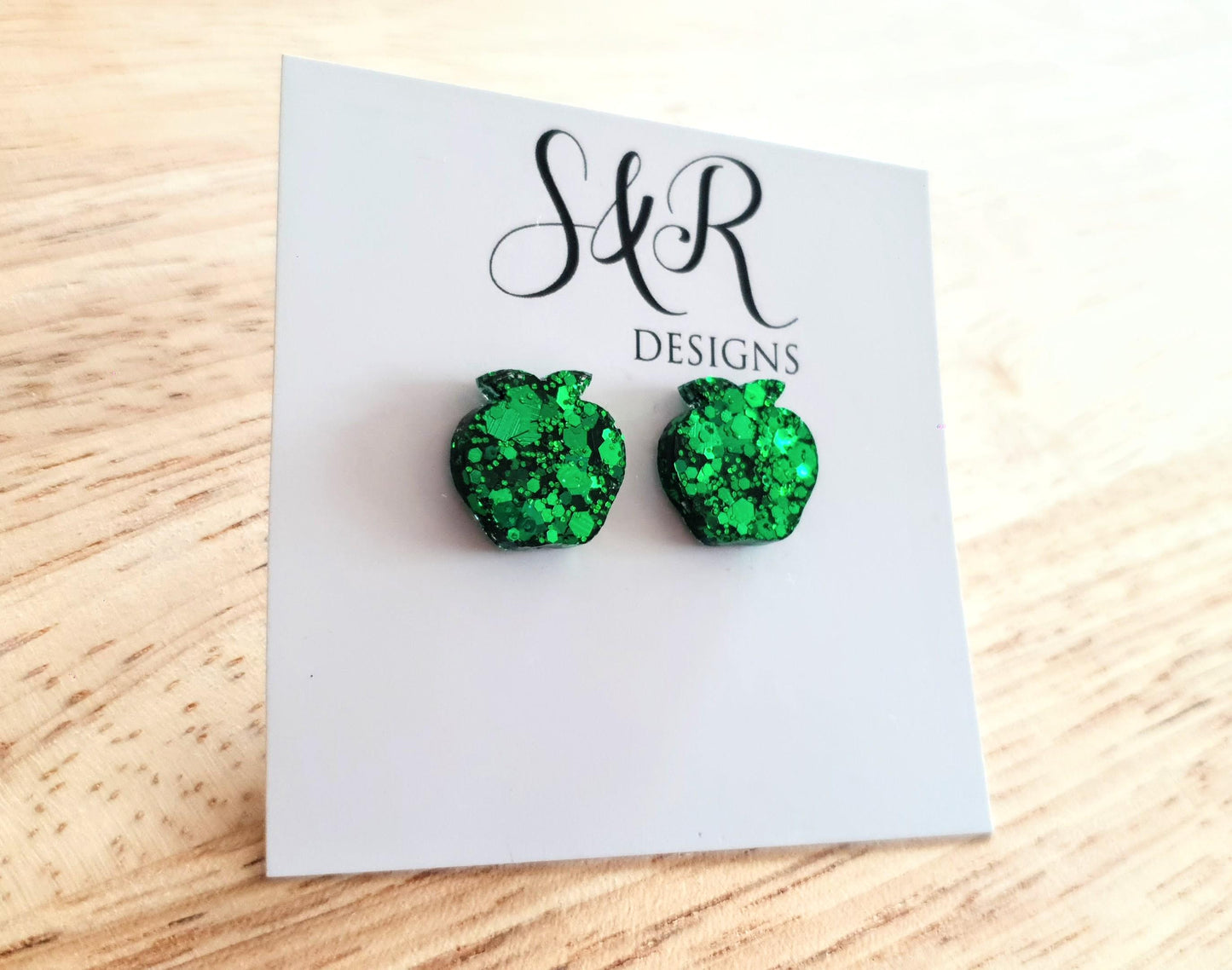 Apple Stud Earring, Emerald Green Glitter Resin Studs, Stainless Steel. 15mm, Food Lover Gift