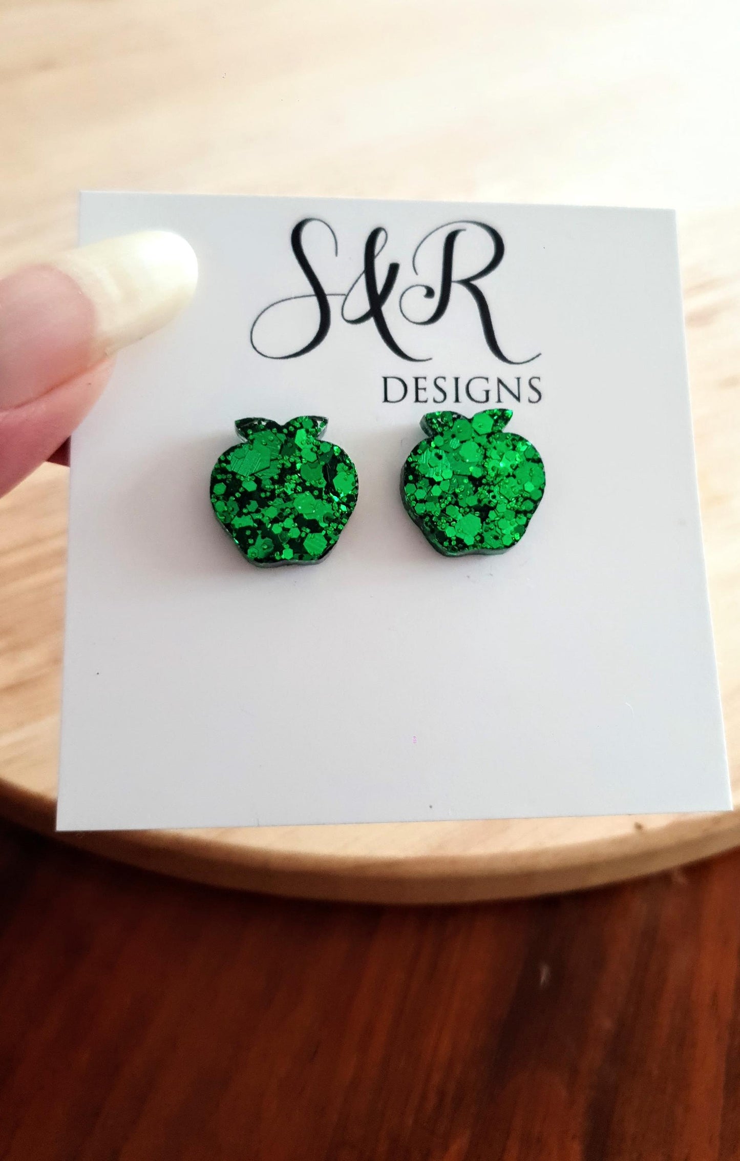 Apple Stud Earring, Emerald Green Glitter Resin Studs, Stainless Steel. 15mm, Food Lover Gift