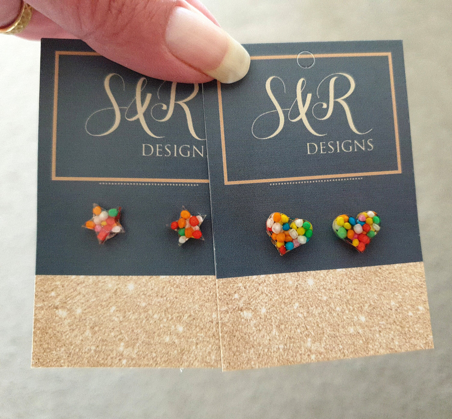 Multicoloured Resin Stud Earrings, Choose your Style. Heart or Stars 100s and 1000s Candy. Stainless Steel Minimalist Stud Earrings.
