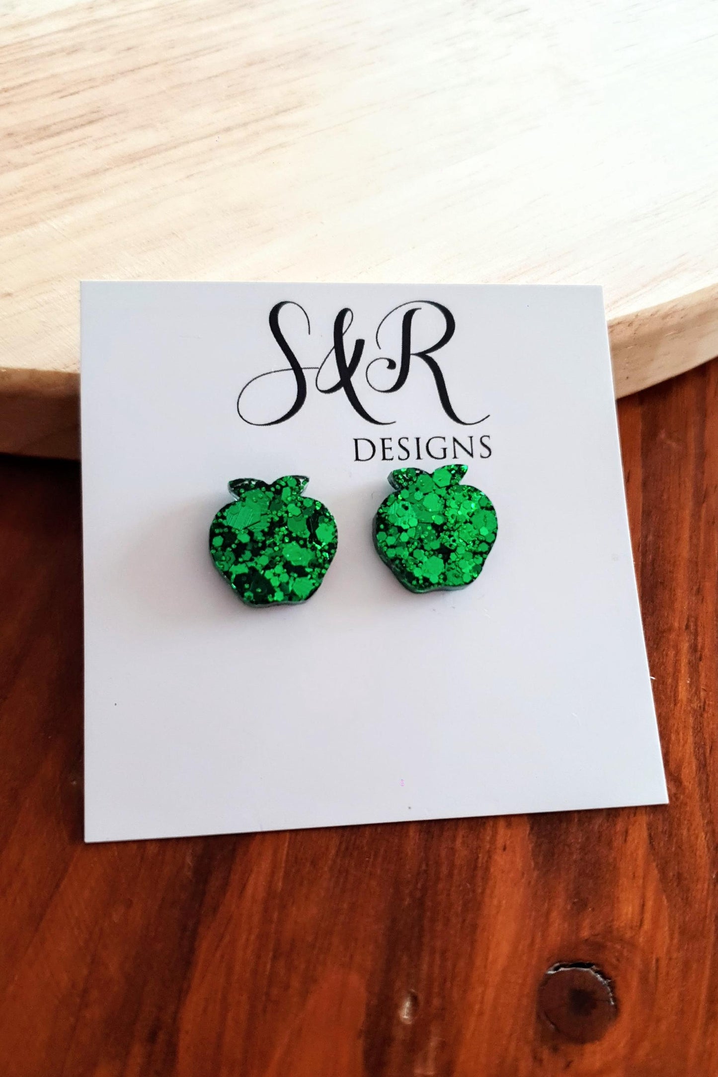 Apple Stud Earring, Emerald Green Glitter Resin Studs, Stainless Steel. 15mm, Food Lover Gift