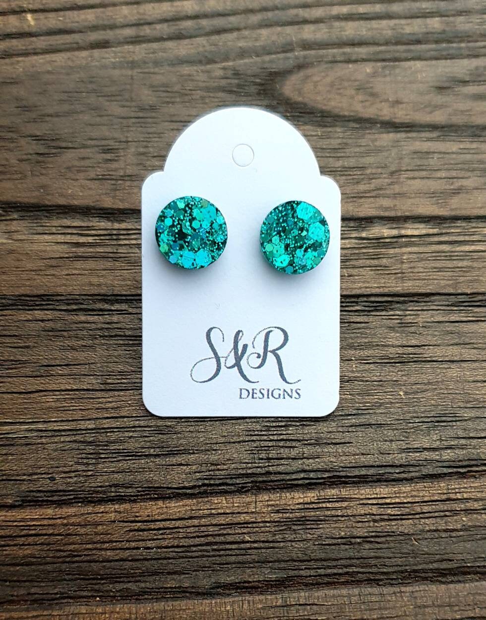 Circle Dot Resin Stud Earrings, Teal Glitter Earrings. Stainless Steel Stud Earrings. 8mm, 10mm, 12mm or 15mm