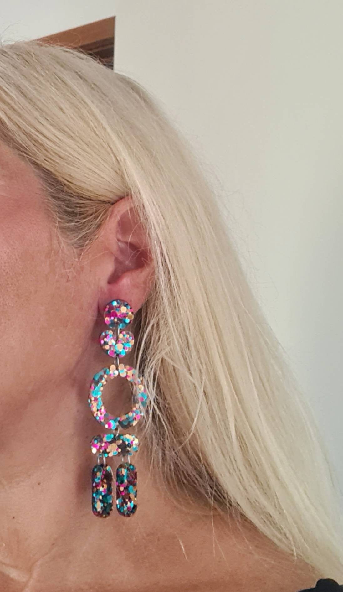 Sparkly Glitter Resin Dangles, Circle Heart Tube Long Earrings, Dangle Statement Earrings 10cm long, Teal, Rose Gold, Hot Pink Mix Earrings