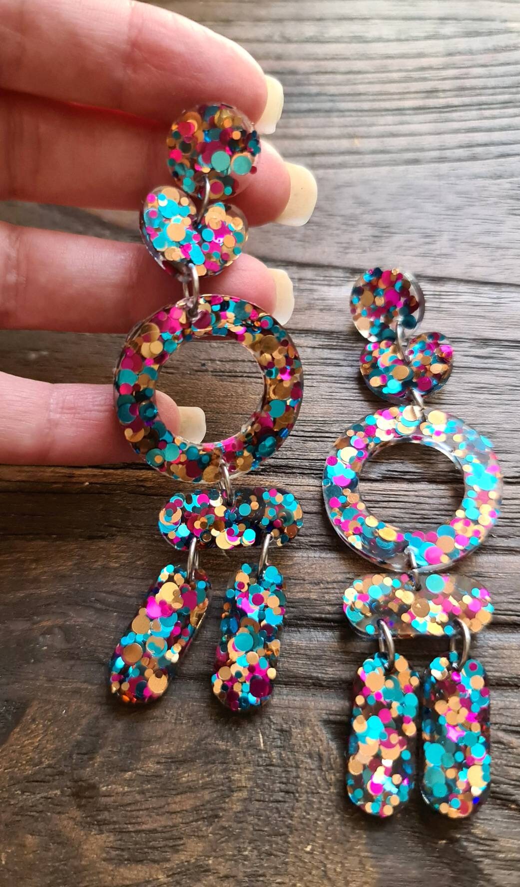 Sparkly Glitter Resin Dangles, Circle Heart Tube Long Earrings, Dangle Statement Earrings 10cm long, Teal, Rose Gold, Hot Pink Mix Earrings