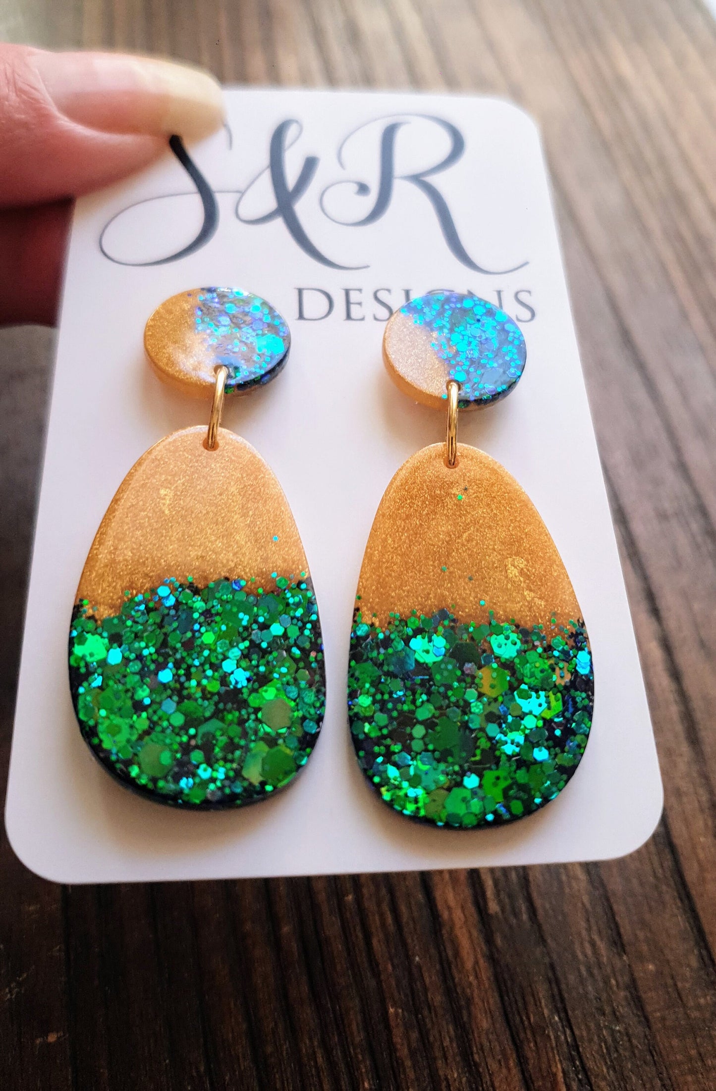 Chameleon Green Blue with Gold Organic Shape Drop Earrings, Green Blue Changing Glitter, Resin Handmade, Stainless Steel. Personalised Gift