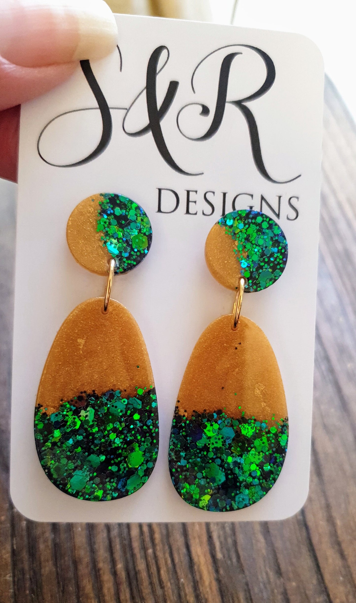 Chameleon Green Blue with Gold Organic Shape Drop Earrings, Green Blue Changing Glitter, Resin Handmade, Stainless Steel. Personalised Gift