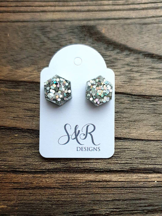 Hexagon Stud Earring, Resin Silver holographic Mix Stud Glitter Earrings. Stainless Steel Stud Earrings. 10mm or Mini Earrings 6mm