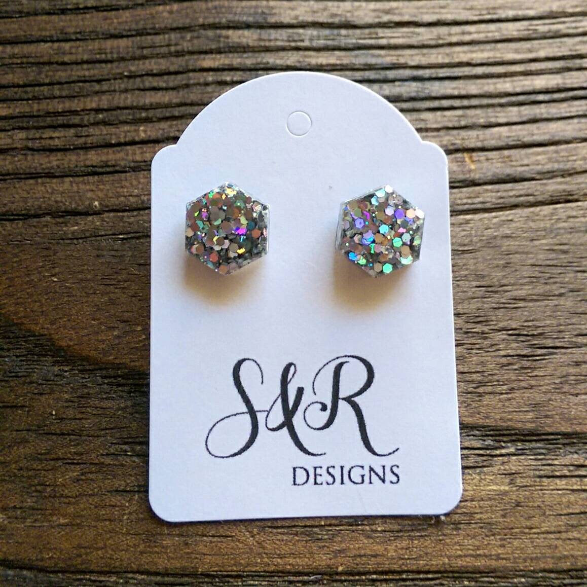 Hexagon Stud Earring, Resin Silver holographic Mix Stud Glitter Earrings. Stainless Steel Stud Earrings. 10mm or Mini Earrings 6mm