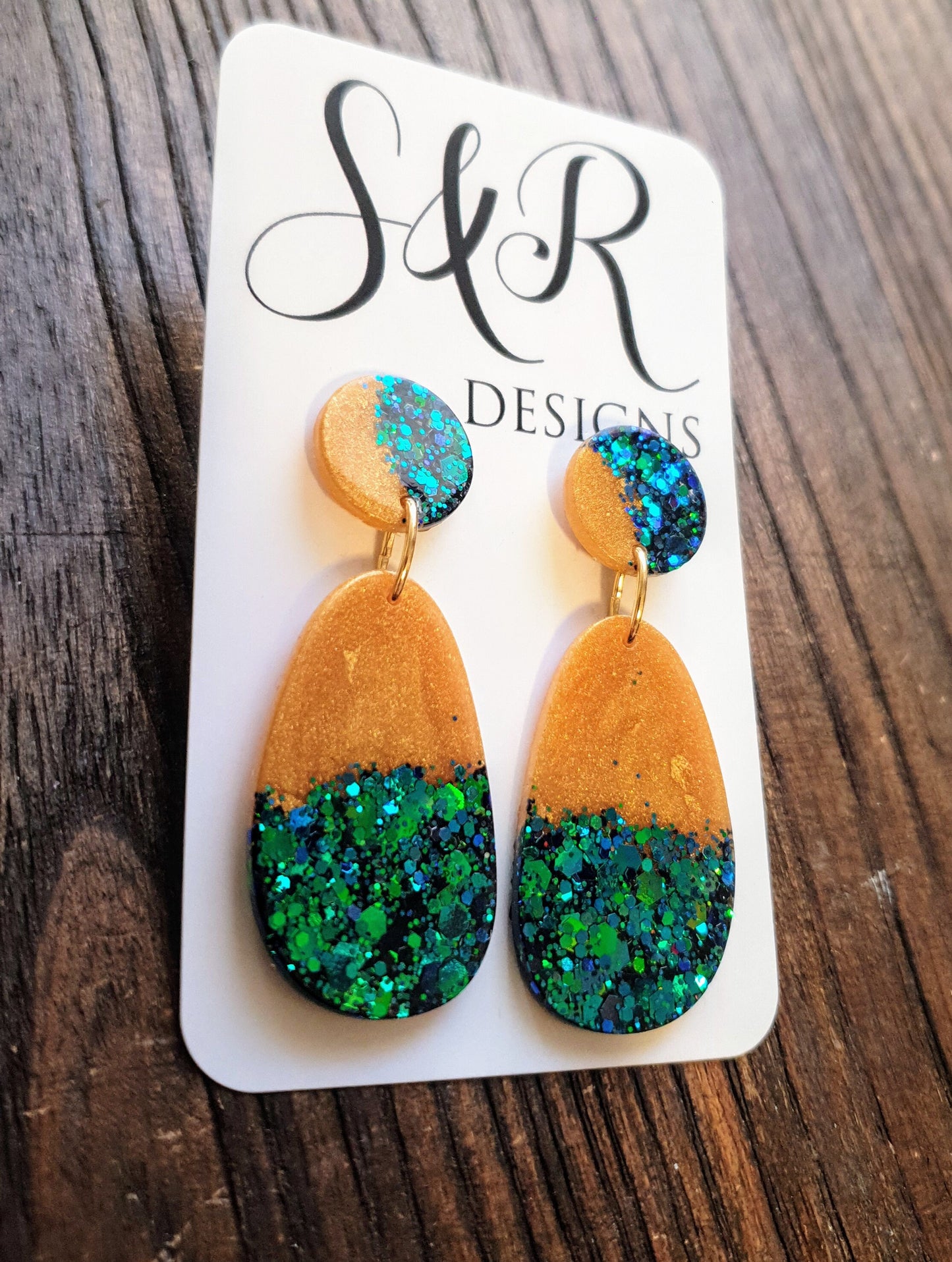 Chameleon Green Blue with Gold Organic Shape Drop Earrings, Green Blue Changing Glitter, Resin Handmade, Stainless Steel. Personalised Gift