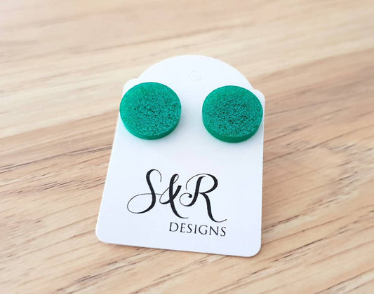Turquoise Glitter Circle Stud Earrings, Acrylic Earrings, Stainless Steel Earrings.