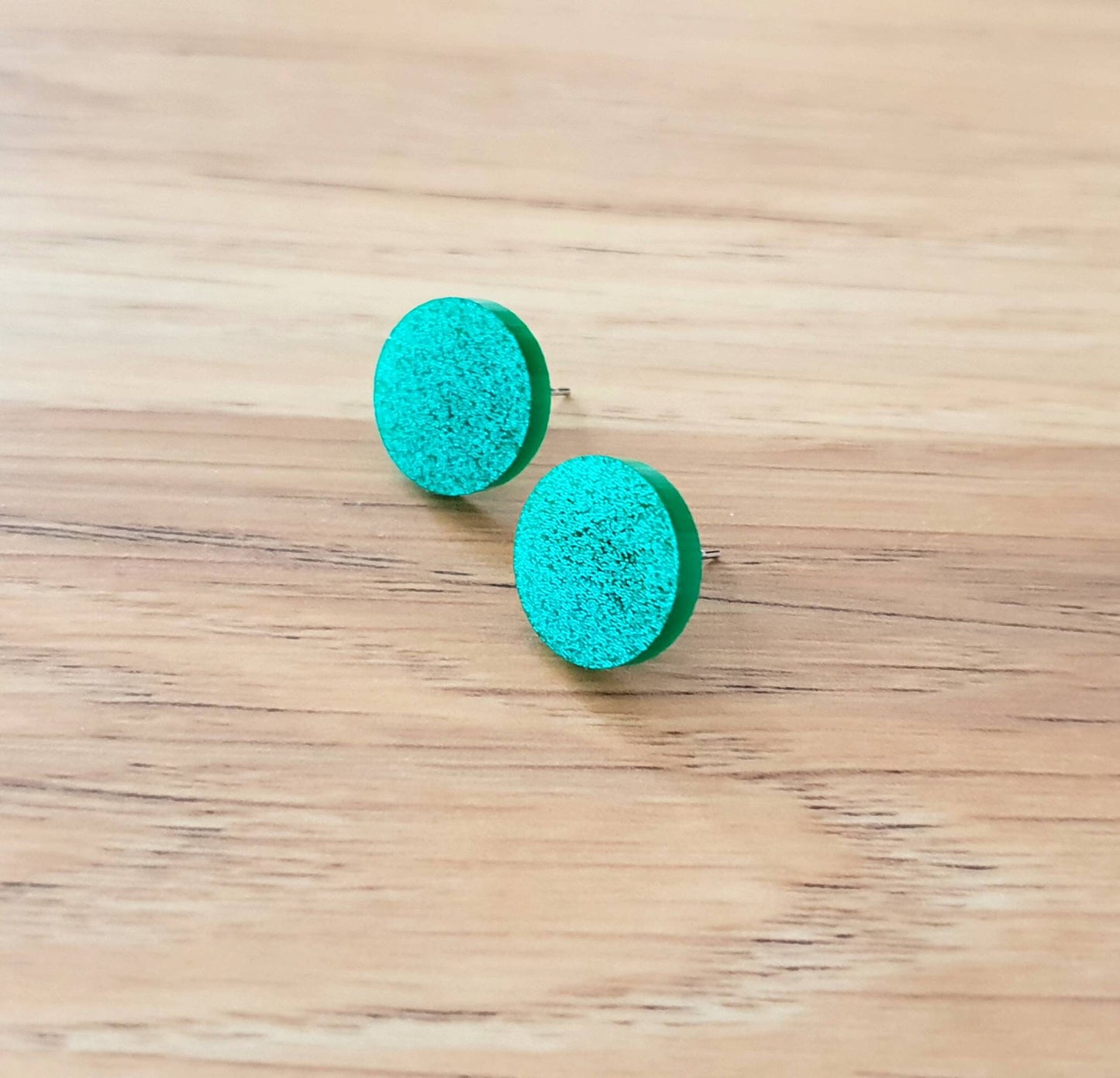 Turquoise Glitter Circle Stud Earrings, Acrylic Earrings, Stainless Steel Earrings.